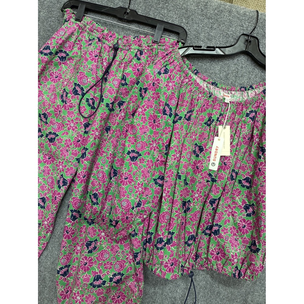 Set of 2 Sundry Floral Anthropology Top & Pants Green Pink Blue Size Large